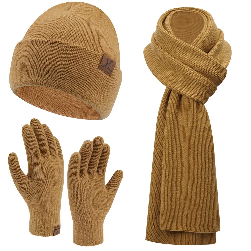 1048 Winter Warm Beanie Hats Long Scarf Neck Touchscreen Gloves Set Ribbed